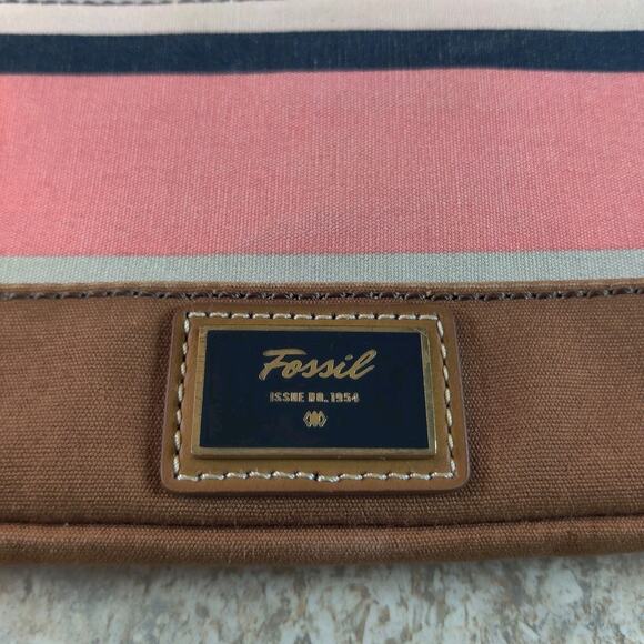 Fossil Purse Pink Striped Canvas Messenger Crossbody Bag Pink Brown White - Picture 3 of 10
